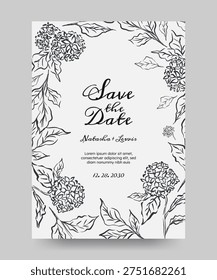 Save the date wedding poster with hand drawn floral illustration. Hand drawn flower quirky imperfect rough scribble sketch. Perfect for card, poster, flyer