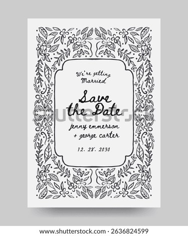 Save the date wedding poster with hand drawn flower frame illustration. Scribble line art style. 