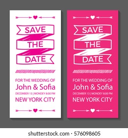 Save The Date Wedding Typographic Card Design Invitation template with hearts, arrows and ribbon
