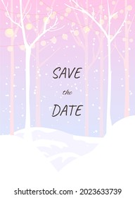 Guarda la tarjeta de invierno de fecha. Suave paisaje invernal, árboles, cadena de luces de hadas. Invitaciones de boda. Ilustración del vector