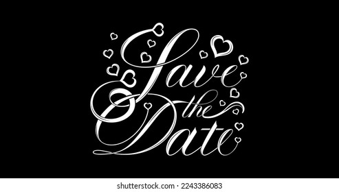 Save the date words, hand-written custom calligraphy isolated on black. Elegant ornate lettering with swirls and swashes. Great for wedding invitation design, cards, banners, and photo overlays.
