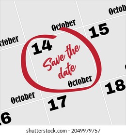 Save the Date written on a calendar - October 14