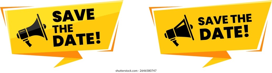Save the Date yellow megaphone badge icon for event invitation announcements and promotional banners in marketing materials