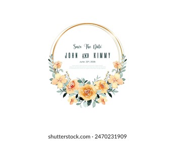 Guardar la fecha Amarillo Agua Color Floral con Círculo de Oro. Conjunto de marcos florales redondos dibujados a mano de corona elegante de lujo. Ilustración vectorial para etiqueta, identidad corporativa, logotipo, marca, boda