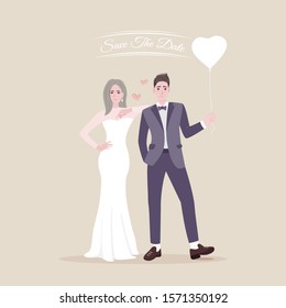 Save the date of young happy newlyweds bride and groom. Just married couple cartoon character. 