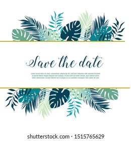 Save the date for your invitation card. Tropical background with palm leaves. Vector illustration.