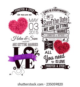 Save the date for your personal holiday. Typography design and decorative hearts made of leaves. Vector illustration.