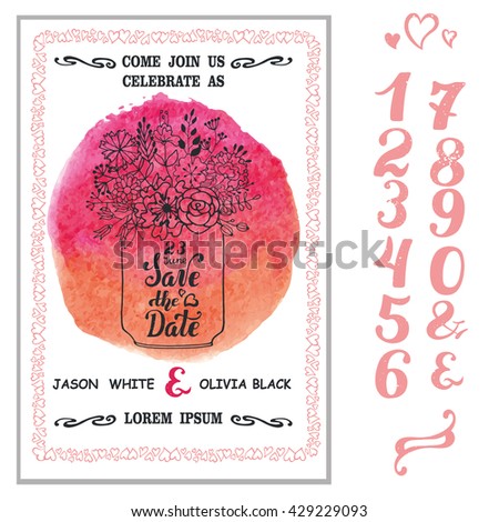Save The Date.Wedding Invitation cards with doodle flowers,mason jar.Vector Handwritten lettering,numbers.Vintage Template.