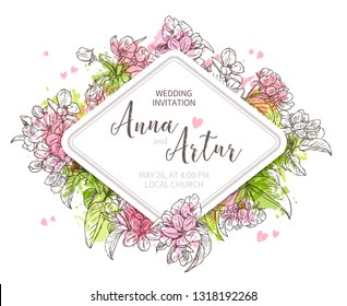 Save the day, wedding invitation with vector sketch flowers of cherry blossom. Card rhomb template with hand drawn design and watecolor effect. Vintage floral botanical background
