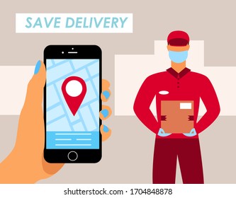 Save delivery. Covid-19. Coronavirus. Сourier in a protective medical mask holds parcels in his hands.  Vector flat illustration. Stay home. Shopping online concept. 