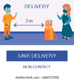 Save delivery text on navy blue backdrop. People in masks for medical or social banner, online web store, courier service poster. Online shop logo or info card. Minimal style stock vector illustration