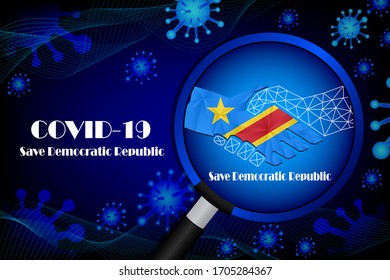 Save Democratic Republic for stop virus sign. Covid-19 virus cells or corona virus and bacteria close up isolated on blue background,
Poster Advertisement Flyers Vector Illustration.