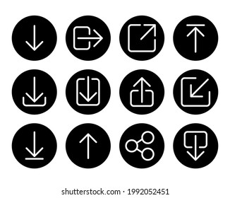 In Gerät speichern, hochladen, freigeben, herunterladen, abmelden, Anmelden, Nach-unten-Pfeil und Nach-oben-Symbol-Sammlung mit Umrissen im weißen Hintergrund