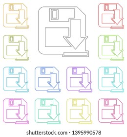 save the disk with the arrow to the floppy multi color icon. Simple thin line, outline vector of web icons for UI and UX, website or mobile application