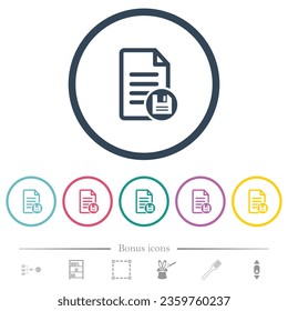 Save document flat color icons in round outlines. 6 bonus icons included.