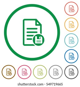 Save document flat color icons in round outlines on white background