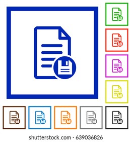 Save document flat color icons in square frames on white background