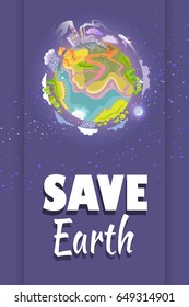 Save Earth agitation poster with planet with trees and buildings out in space, plane that flies by and moon vector illustration.