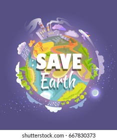 Save Earth agitation poster with planet with trees and buildings out in space, plane that flies by and moon vector illustration.