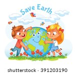 Save Earth. April 22 - Earth Day. Boy and girl hugging the Globe. Funny cartoon character. Vector illustration. Isolated on white background