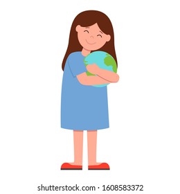 Save Earth. April 22 - Earth Day. girl hugging the Globe. Funny cartoon character. Vector illustration.