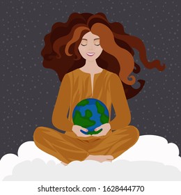 Save Earth. April 22 - Earth Day. Girl holds the Globe. Vector illustration.