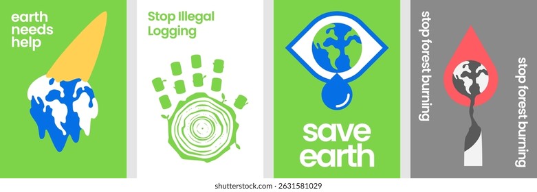 Save the earth awareness poster set featuring visual metaphors on deforestation, pollution, and global warming in modern graphic style.