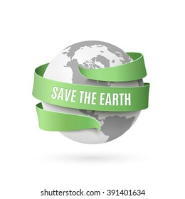 Save the earth, background with monochrome globe and green ribbon around, isolated on white background. Vector illustration.