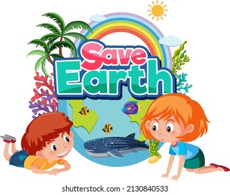 Save Earth banner design with children cartoon illustration