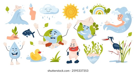 Save earth cartoon stickers set. Caring for nature and environment. Cute planet earth character. Save water and planet, stop plastic. Eco-friendly concept. Flat vector illustrations isolated