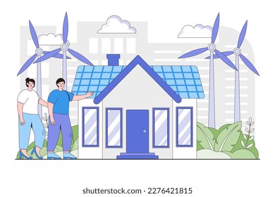 Save earth and change source of electricity energy concept. Renewable technology with reusable ecological home resources. Environmental day vector cartoon illustration for landing page, hero images.