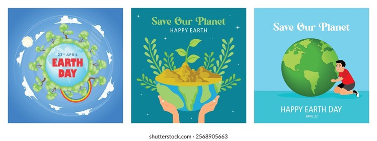 Save the earth from climate change. Environmentally friendly ecology. World Environment Day background. Earth Day concept. Set flat vector illustration.