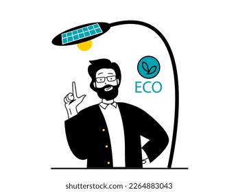 Save Earth concept with character situation. Eco friendly man uses lamp with solar panels, alternative energy and saving natural resources. Vector illustration with people scene in flat design for web