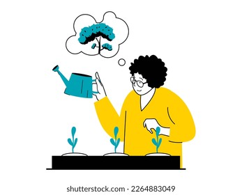 Save Earth concept with character situation. Woman eco volunteer grows young seedling of trees for planting in parks, nature conservation. Vector illustration with people scene in flat design for web