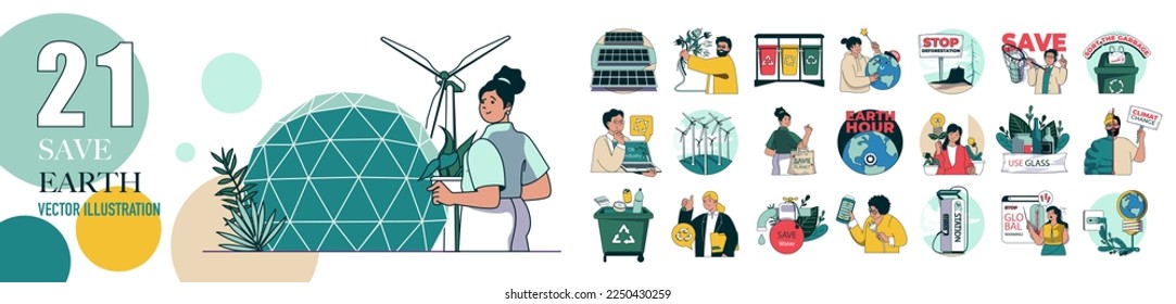 Guardar el concepto Tierra con la colección de situaciones de caracteres. Montones de escenas que la gente recolecta basura, reciclando desechos, usando energía verde, protegiendo el medio ambiente. Ilustraciones vectoriales en diseño web plano