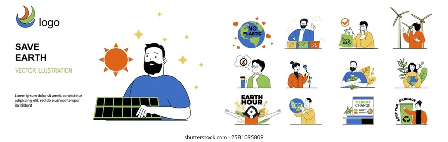 Save Earth concept with character situations mega set in flat web design. Bundle of scenes people collecting and separating garbage, protecting nature, using eco technology. Vector illustrations.