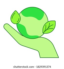 Save the earth concept hand hold earth leaf drop water white isolated background with green theme flat outline style