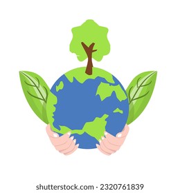 Salvemos el concepto de la Tierra. Manos humanas sosteniendo el globo terrestre y el árbol. Ilustración del vector