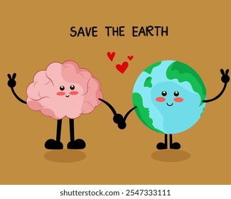 Save earth concept illustration, cute brain character holding hands with Earth cartoon.