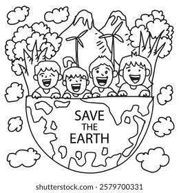 Save the Earth concept with kids on the planet. Vector illustration.