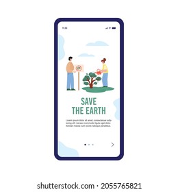 Save the Earth concept for onboarding page with volunteers planting trees, flat cartoon vector illustration. Mobile phone app screen for environment saving actions.