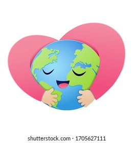 Save earth concept, Paper art style of the world smiles happily in both arms shaped like a heart, Happy earth day, World environment day, Vector illustration