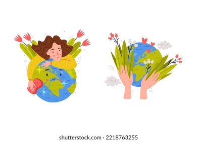 Save the Earth concept. Earth planet with flowers. Beautiful woman hugging flowering globe cartoon vector illustration