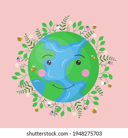 Save earth concept. Vector illustration of happy earth. World Environment Day April 22. Isolated green planet