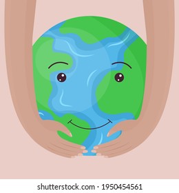 Save earth concept. Vector illustration of happy earth. World Environment Day April 22. Green planet in arms.