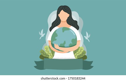 Save The Earth Concept, Woman Hug Earth, Faceless Character Design