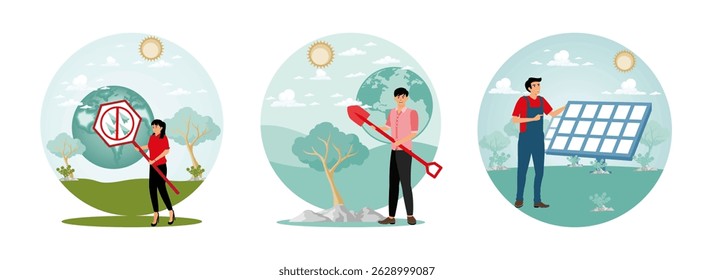 Save the Earth concept. A woman promoting environmental conservation.  Man holding a shovel ready to plant trees, promoting environmental conservation.  A worker interacting with a large solar panel. 