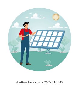 Save the Earth concept. A worker interacting with a large solar panel, surrounded by nature and a sunny sky. 