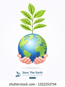 Save the earth conceptual. Earth with tree in hands vector illustration.