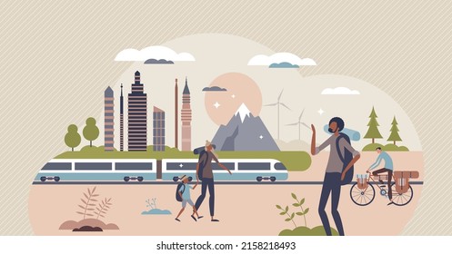 Save earth and consider your travel to reduce CO2 footprint tiny person concept. Support local tourism and explore nearby places for ecotourism and sustainable transportation vector illustration.